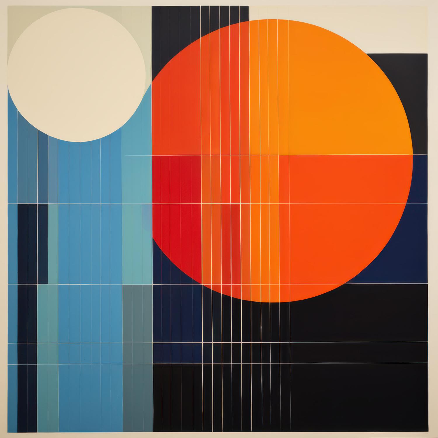 A large orange circle and a smaller off-white circle intersect a gridded field of vertical and horizontal bands in blues, reds, and deep navy within a square format.