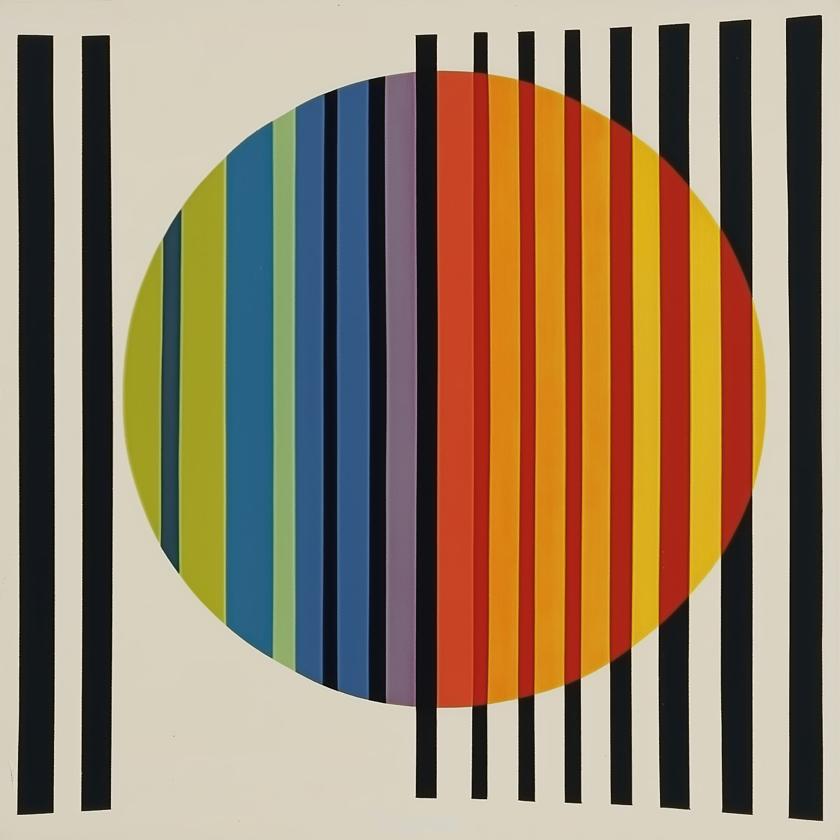 A large multicolored circle intersected by irregular vertical black bands occupies the center of an off-white field, creating a layered grid of color and line.