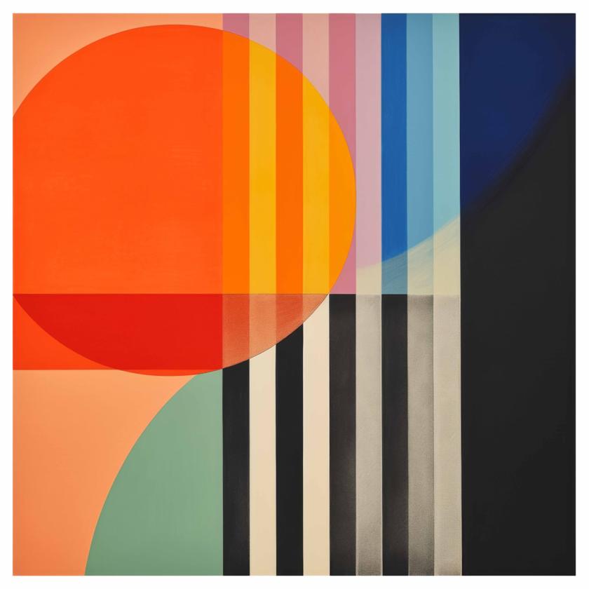A large orange disc intersects with vertical bands of color and black-and-cream stripes, set against shifting fields of peach, teal, and deep blue-black.