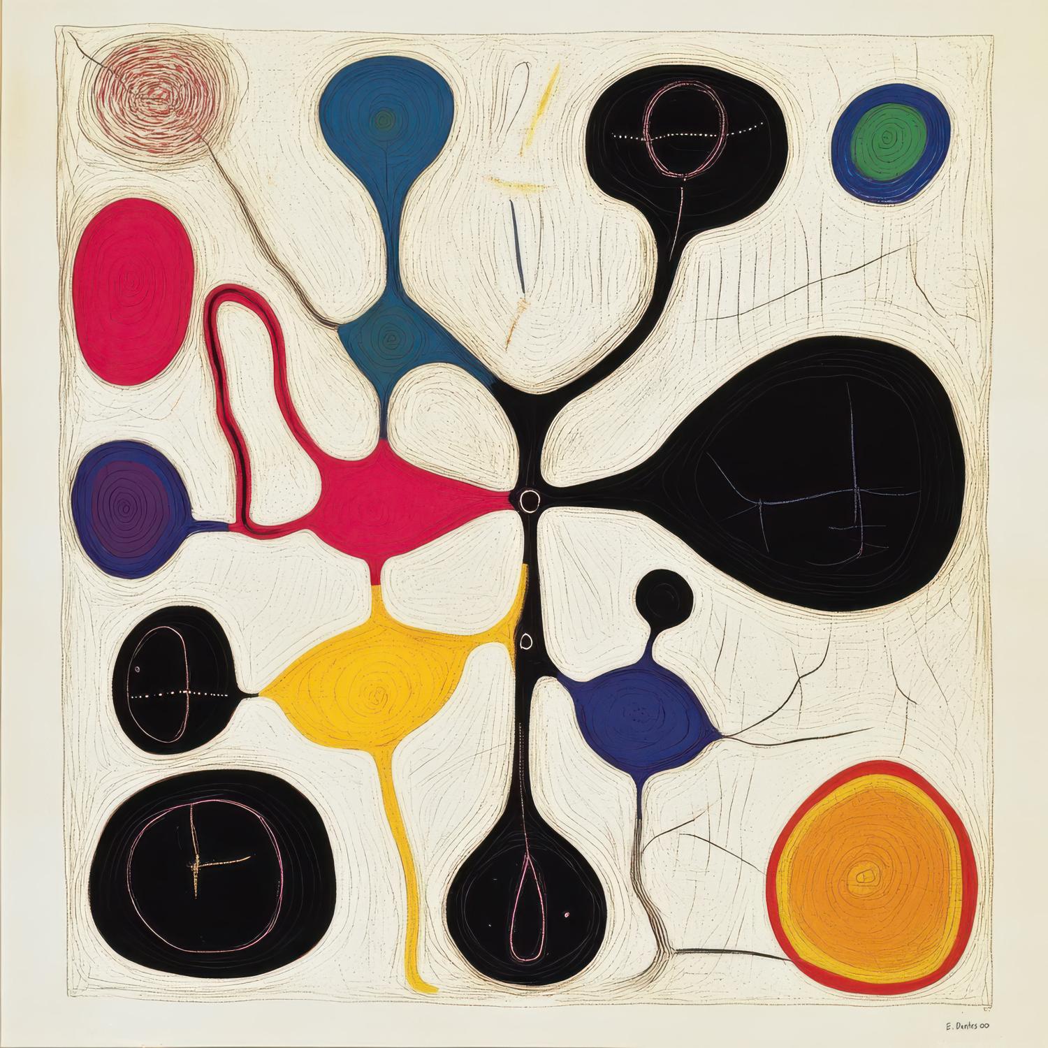 Interconnected biomorphic shapes in black, magenta, cobalt blue, golden yellow, and orange spread across an off‑white field, linked by thin linear tracings that spiral and loop around the composition.