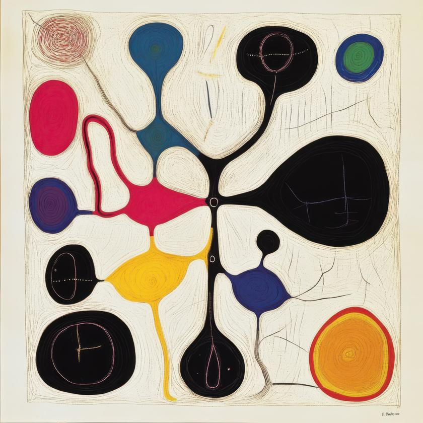 Interconnected biomorphic shapes in black, magenta, cobalt blue, golden yellow, and orange spread across an off‑white field, linked by thin linear tracings that spiral and loop around the composition.