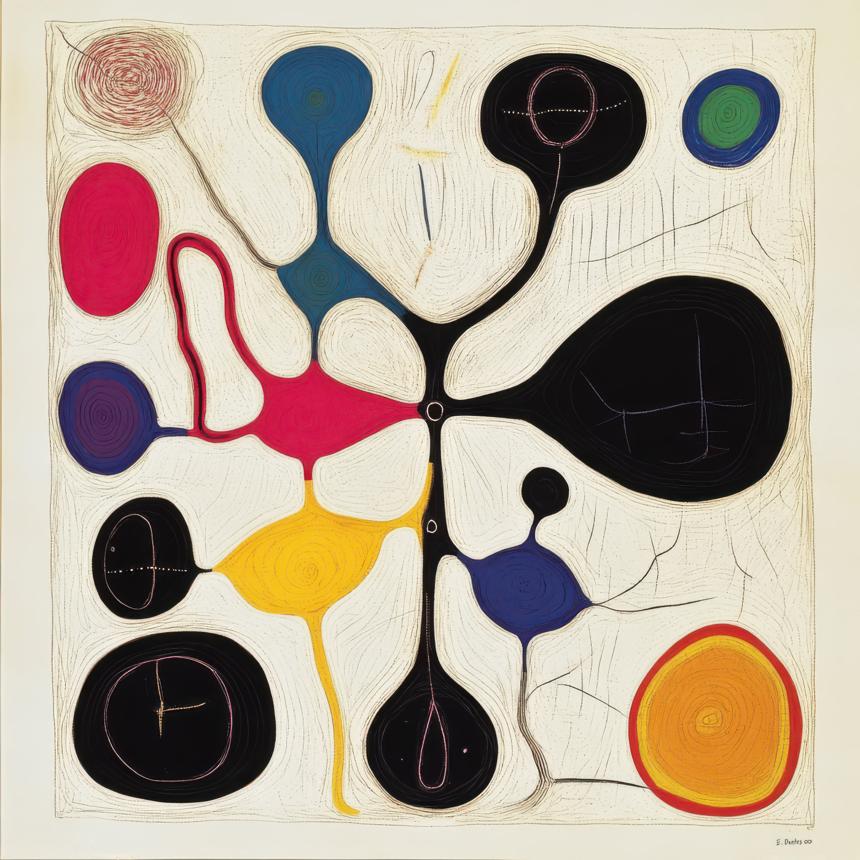 Interconnected biomorphic shapes in black, magenta, cobalt blue, golden yellow, and orange spread across an off‑white field, linked by thin linear tracings that spiral and loop around the composition.