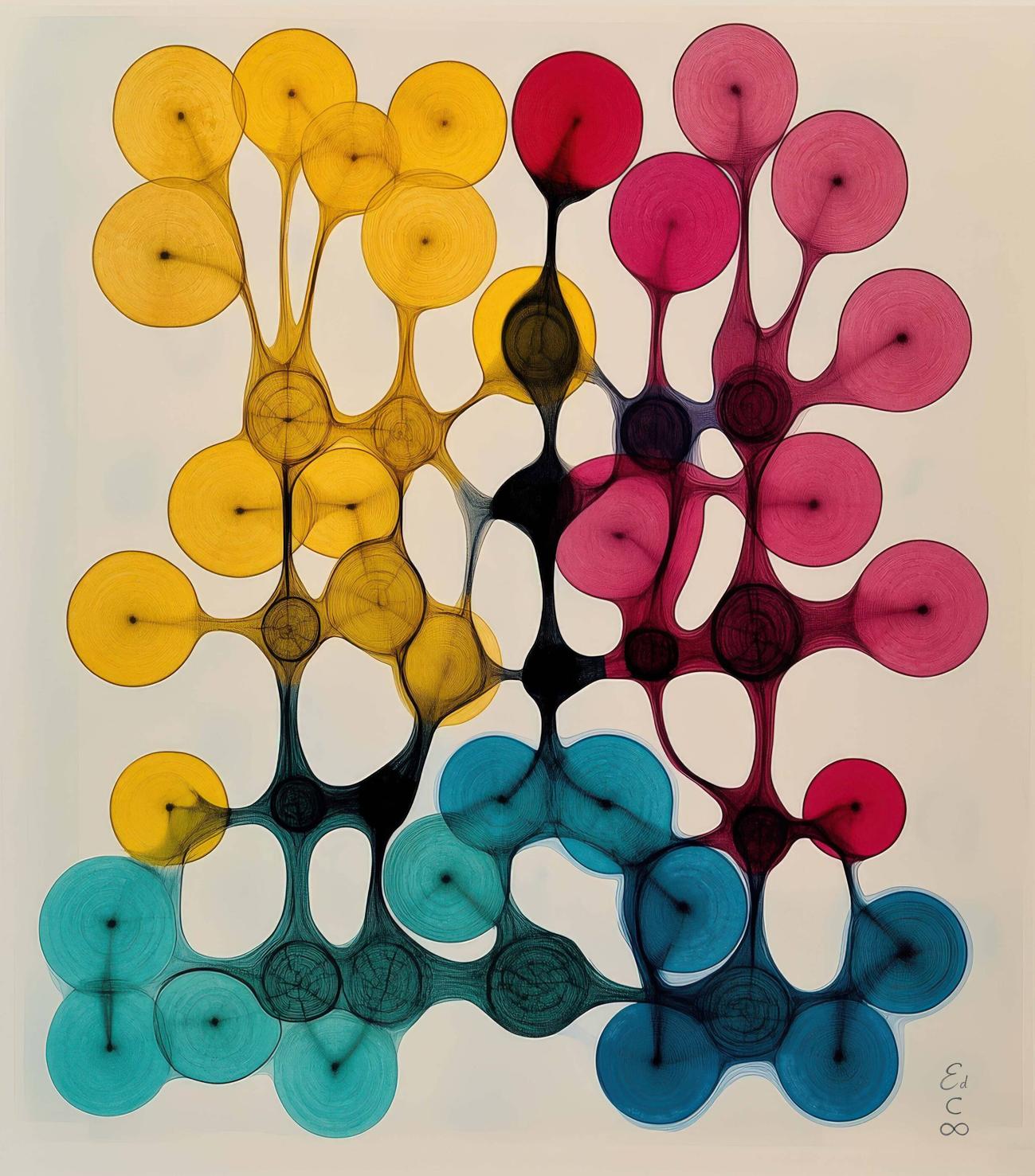 Translucent amber, crimson, teal, and blue discs cluster into four colonies on a cream ground, joined by dark sinewy stems that meet along a black central spine.