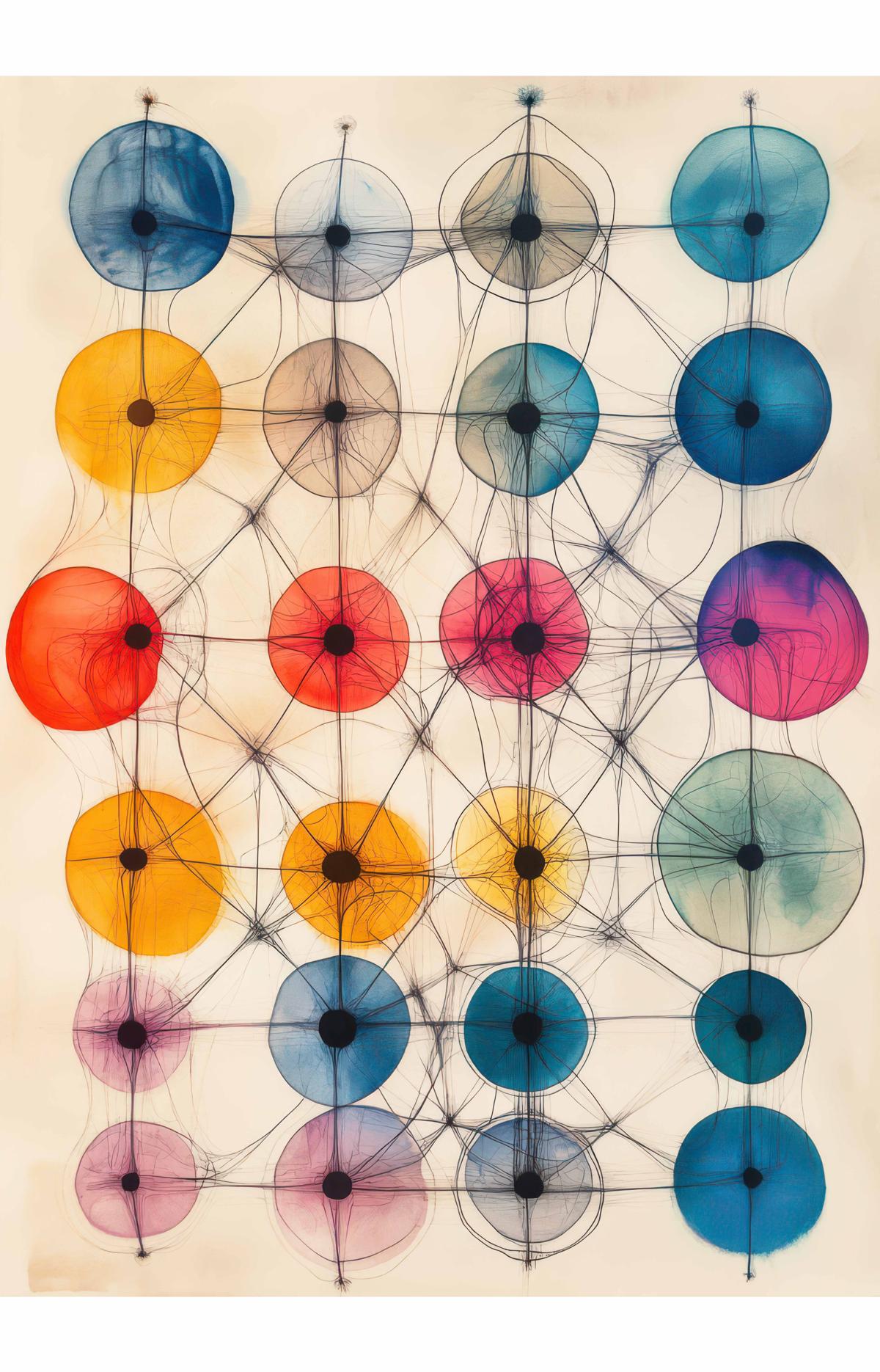 A grid of translucent, colored circles connected by fine, radiating black lines forms a layered network across an off-white ground.