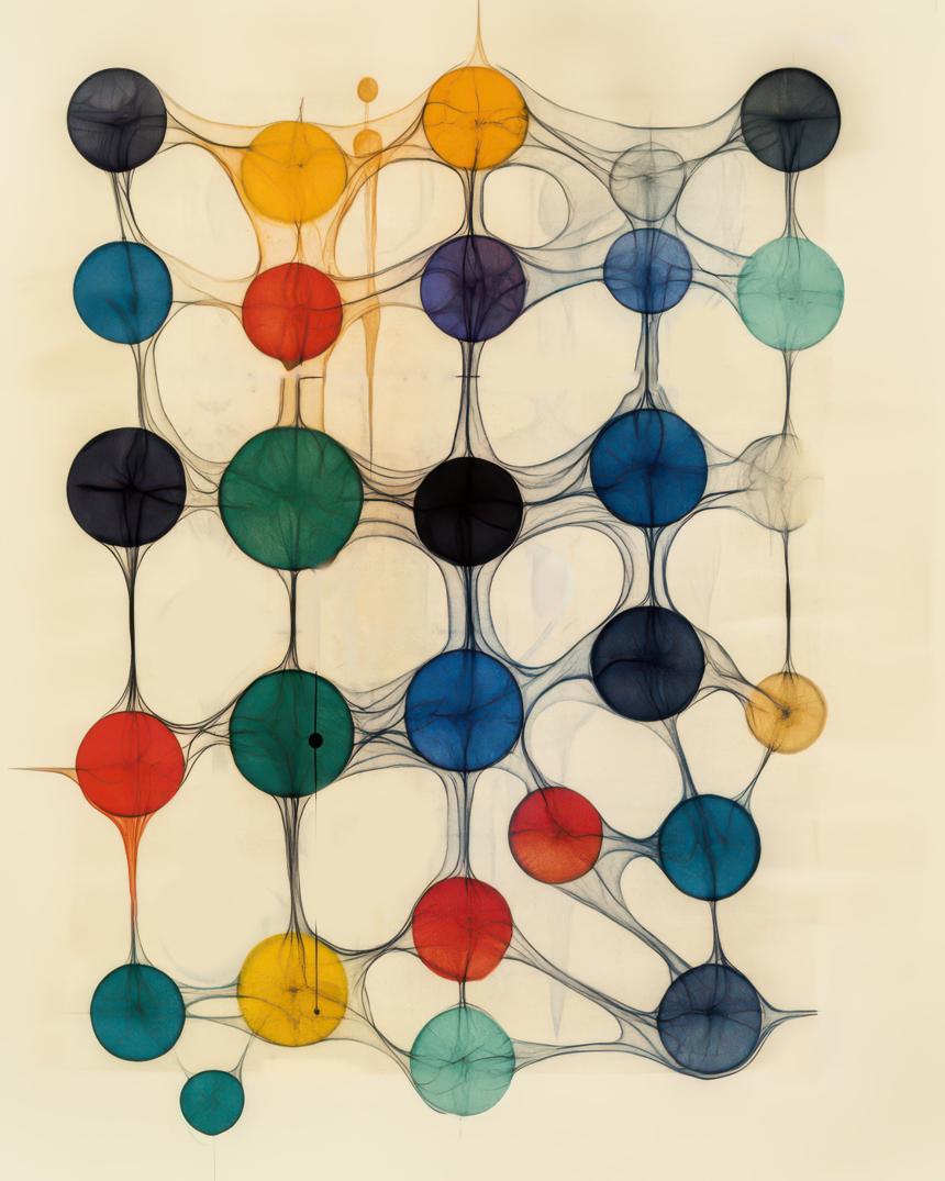 An array of colored circular forms is connected by fine, web-like dark lines against a pale ground, creating a loose grid that appears to pulse and shift across the surface.