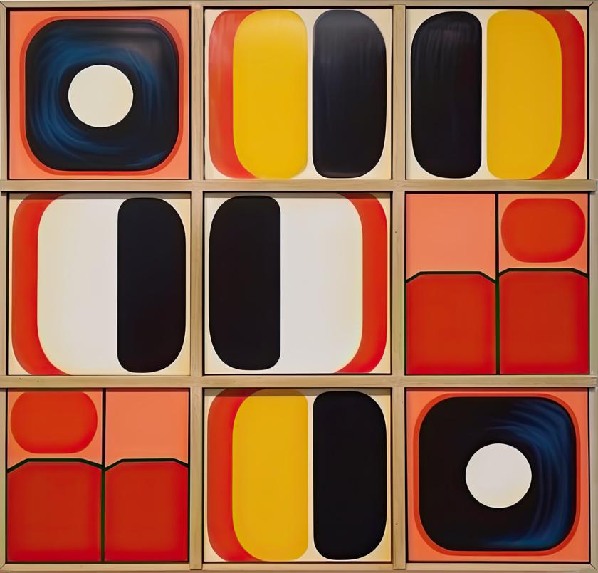 A grid of nine square panels presents rounded geometric forms in black, white, yellow, red, and coral, whose shifting alignments create a steady rhythm across the surface.