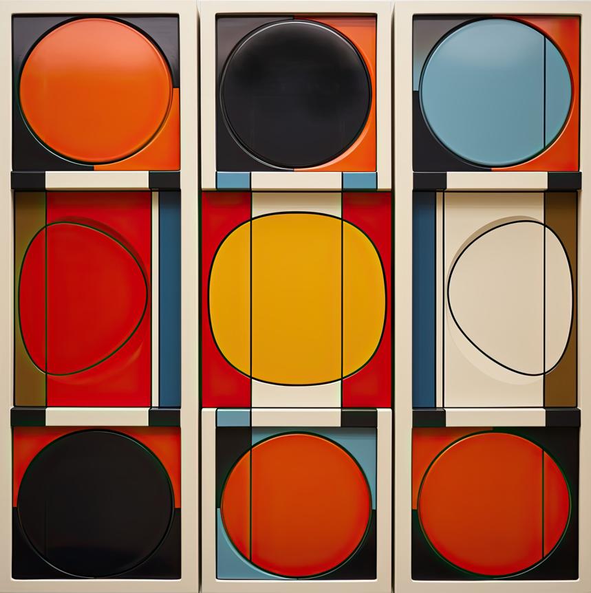 Three vertical panels present stacked circular and rectangular forms in calibrated blocks of orange, yellow, red, black, pale blue, and cream, separated and contained by fine black lines.