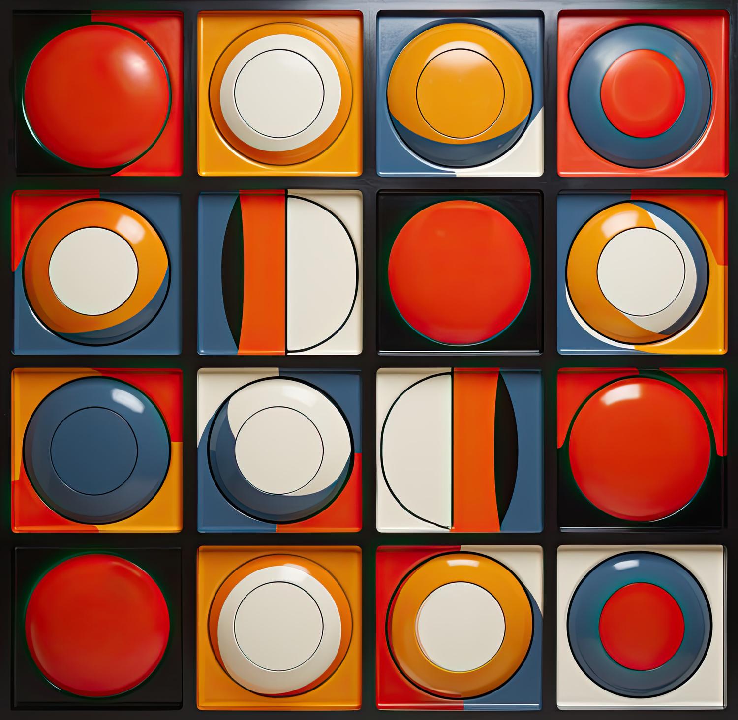 A grid of sixteen square compartments contains layered circular and semicircular forms in saturated reds, oranges, blues, creams, and blacks that project and recede to create a rhythmic relief across the surface.