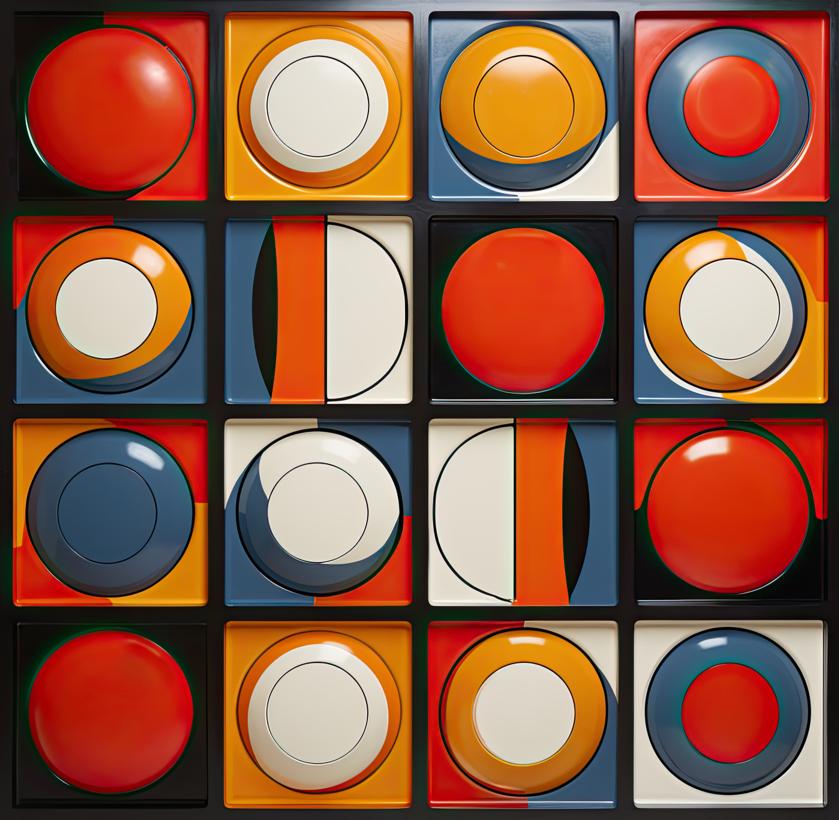 A grid of sixteen square compartments contains layered circular and semicircular forms in saturated reds, oranges, blues, creams, and blacks that project and recede to create a rhythmic relief across the surface.