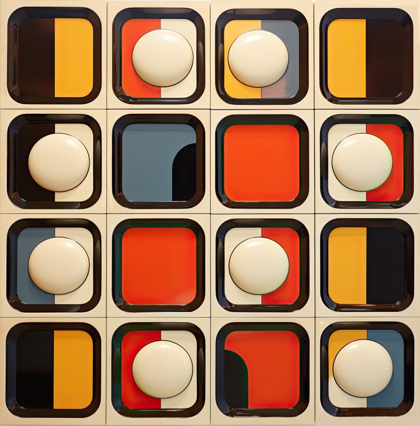A four-by-four grid of rounded square compartments contains alternating flat color fields and protruding cream-colored discs framed by dark borders.