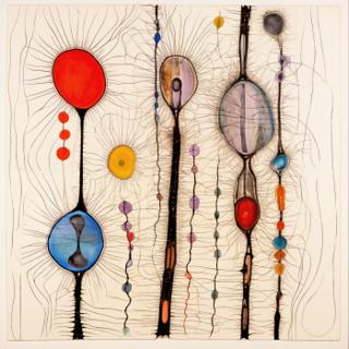 Elongated vertical black forms rise across a pale ground, each containing or flanked by ovoid pockets of saturated color that radiate fine linear filaments into the surrounding space.