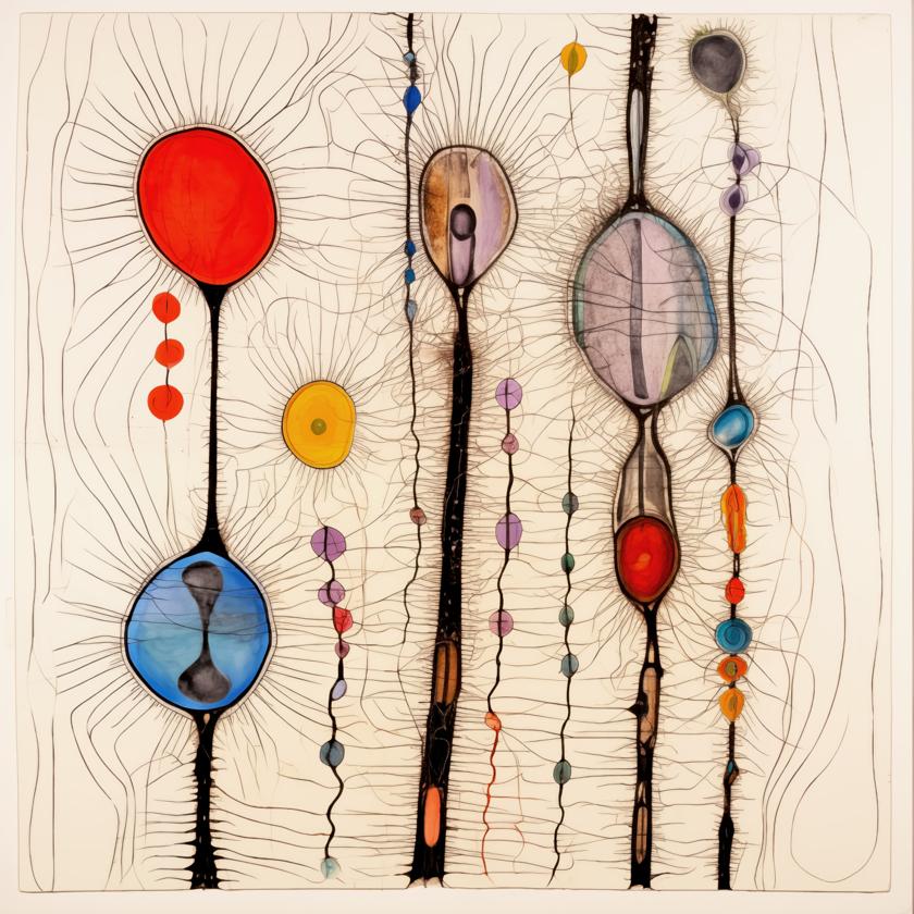 Elongated vertical black forms rise across a pale ground, each containing or flanked by ovoid pockets of saturated color that radiate fine linear filaments into the surrounding space.