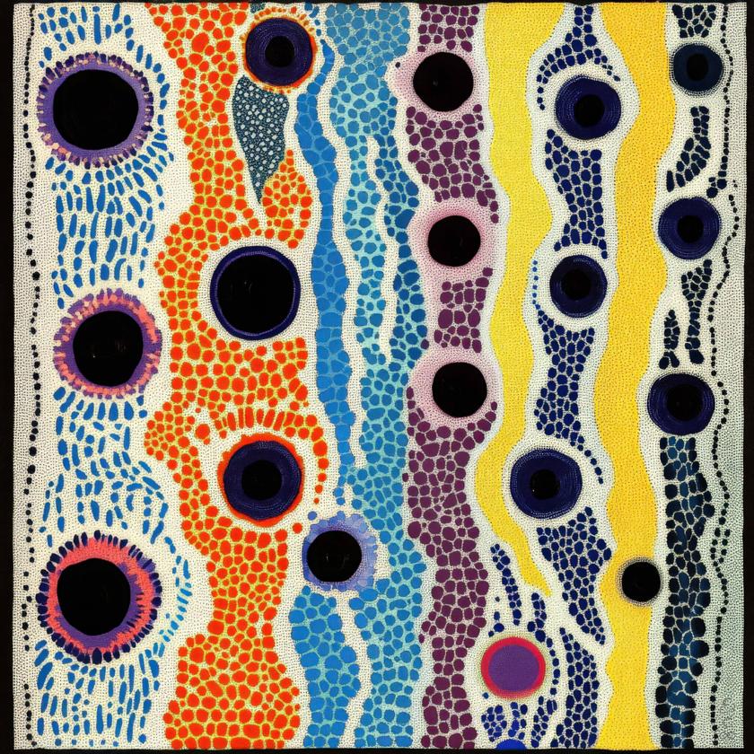 Vertical ribbons of stippled orange, blue, violet, yellow, and navy meander across a cream field, interrupted by dark circular apertures ringed in color.