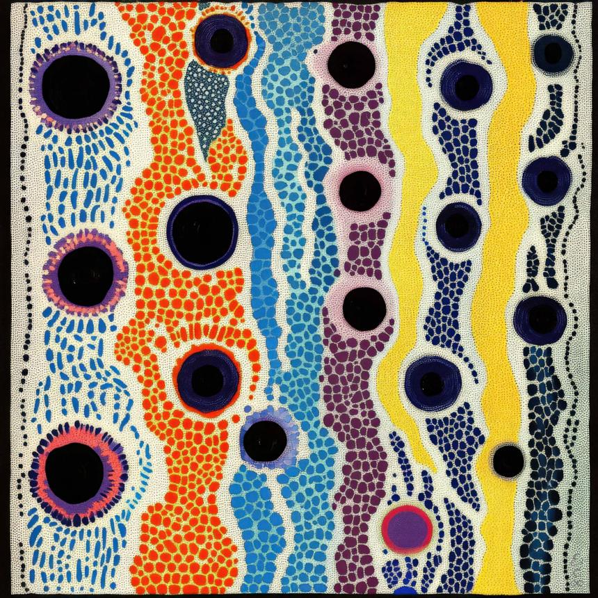 Vertical ribbons of stippled orange, blue, violet, yellow, and navy meander across a cream field, interrupted by dark circular apertures ringed in color.