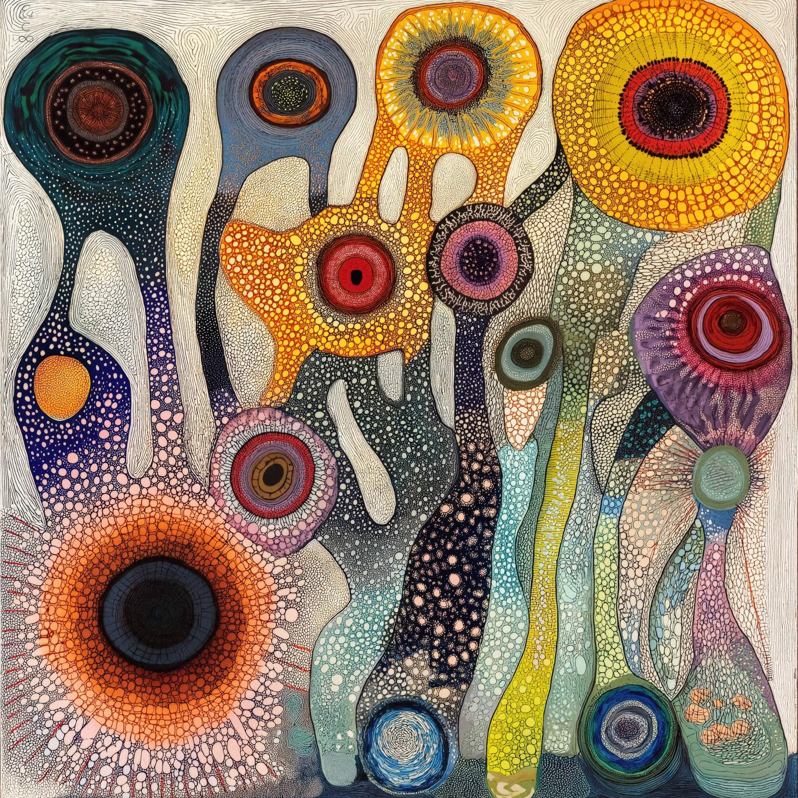 Vertical stalks in teal, indigo, ochre and violet rise across a pale stippled ground, each crowned by a disc of concentric rings suggesting an eye or a botanical cross-section.