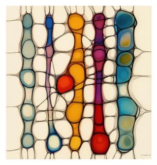 Elongated, column-like forms in saturated hues stand in a loose row within a lattice of rounded cells outlined by fine dark lines on an off-white ground.