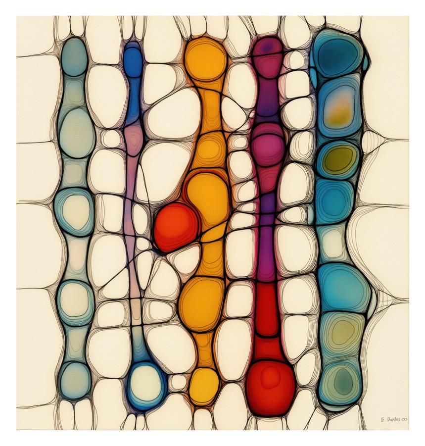 Elongated, column-like forms in saturated hues stand in a loose row within a lattice of rounded cells outlined by fine dark lines on an off-white ground.