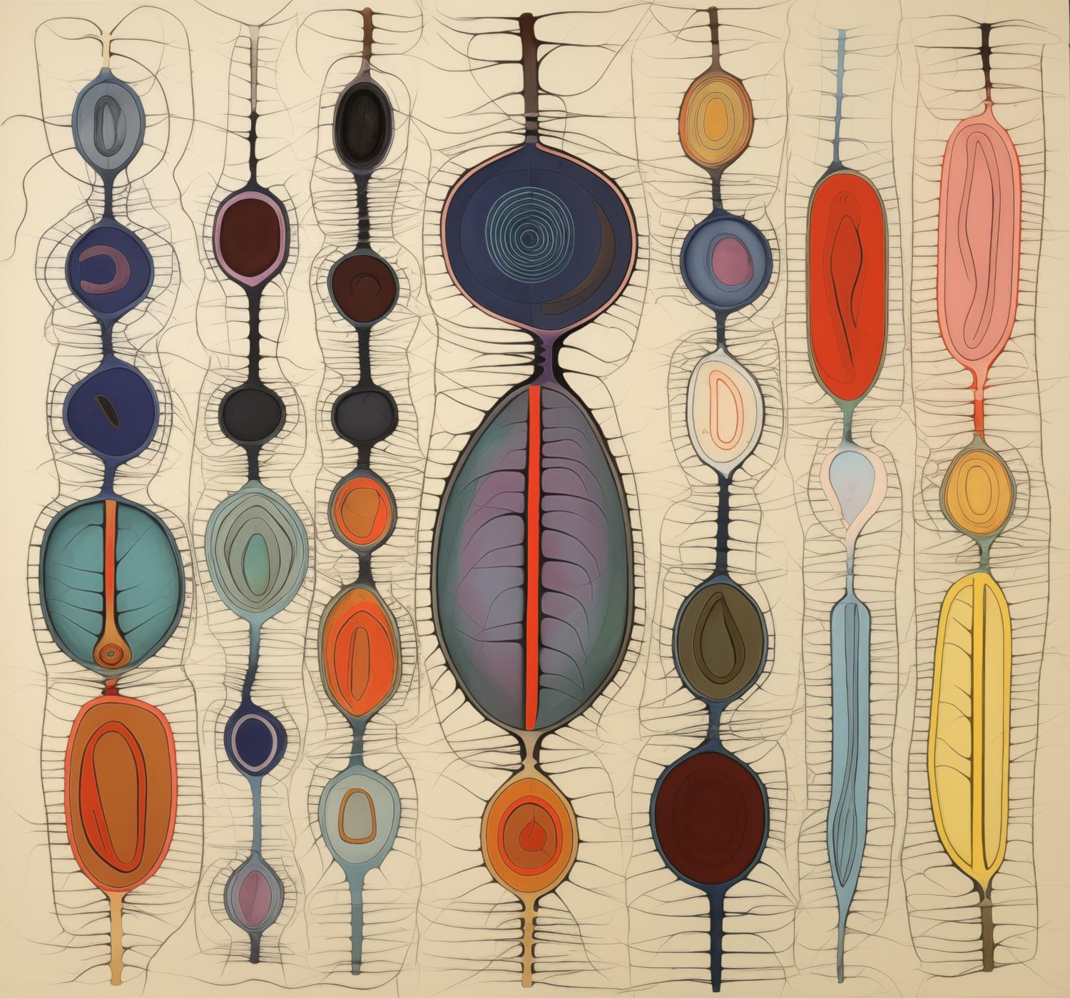 Vertical chains of elongated, pod-like forms in varied colors align across a pale ground, encased by fine linear filaments that connect and surround them.