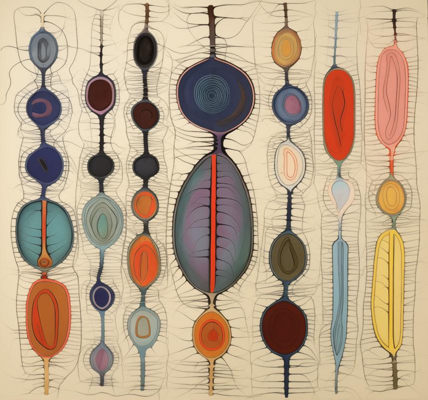 Vertical chains of elongated, pod-like forms in varied colors align across a pale ground, encased by fine linear filaments that connect and surround them.