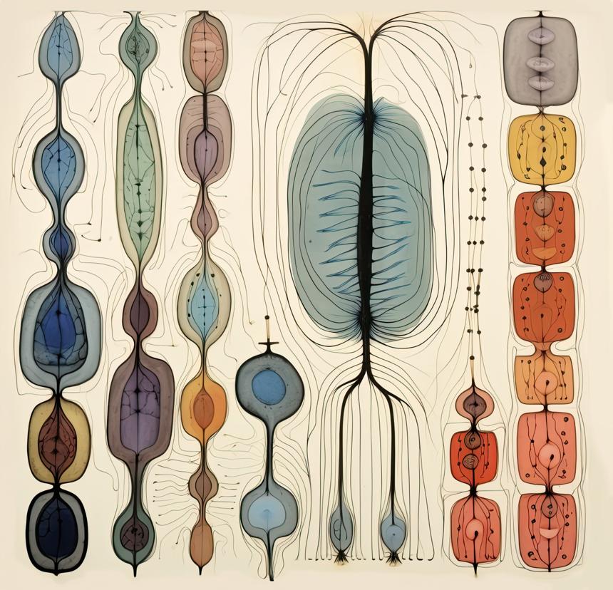 Elongated, cell-like forms in vertical columns are connected by fine black lines that traverse a pale ground, creating a loosely gridded network of colored shapes.