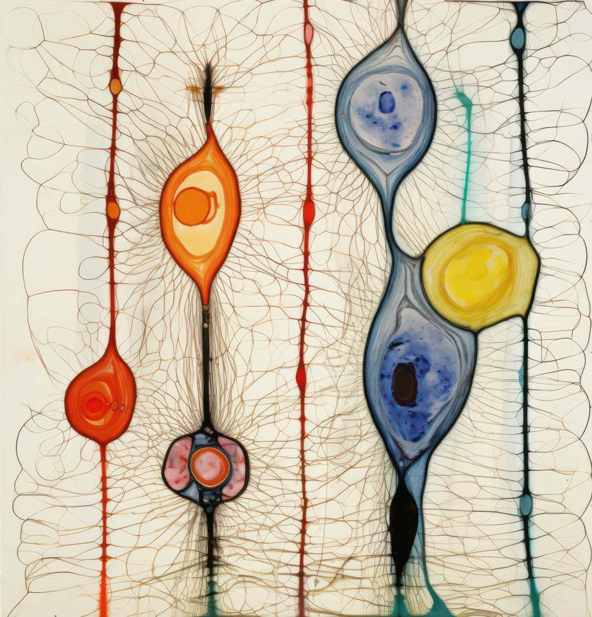 Elongated, droplet-like forms in orange, red, blue, and yellow hang along vertical axes against a pale ground, connected by a dense web of fine, branching lines.
