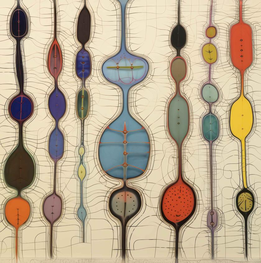 Elongated, pod-like vertical forms in saturated colors stand in a loose sequence against a pale ground traced with fine, looping linear networks.