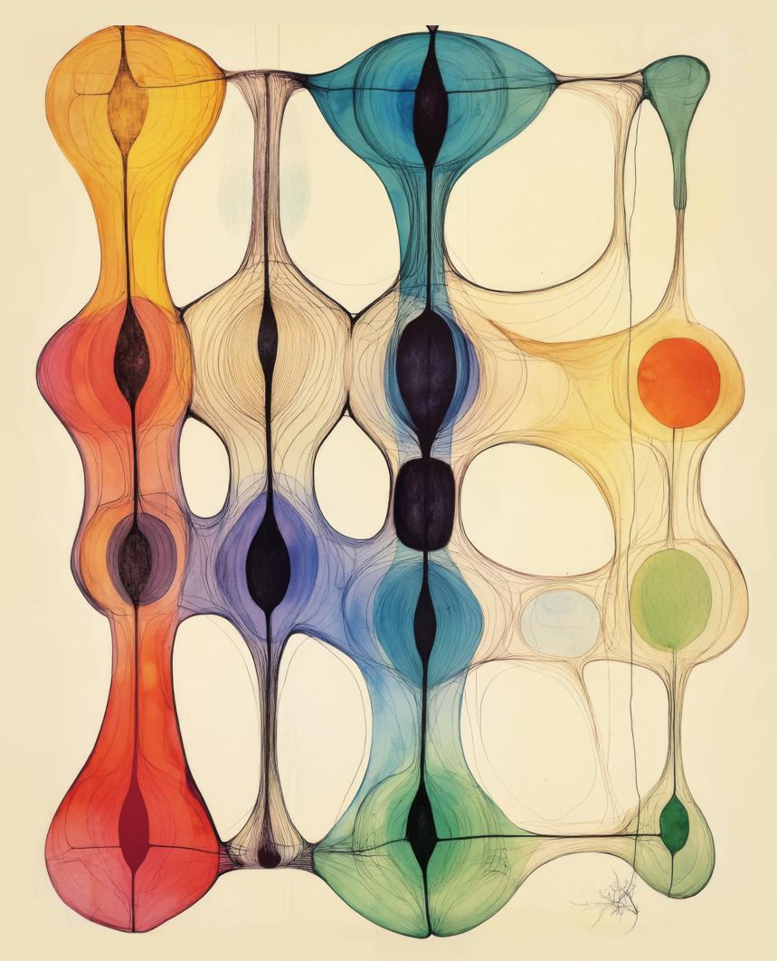 Interlocking, elongated ovoid forms in graded hues of red, orange, yellow, blue, and green are suspended within a pale field, connected by fine linear strands that create a lattice-like structure.