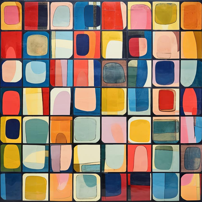 A grid of darkly framed rectangles contains layered, rounded shapes in varied colors that shift rhythmically across the surface.