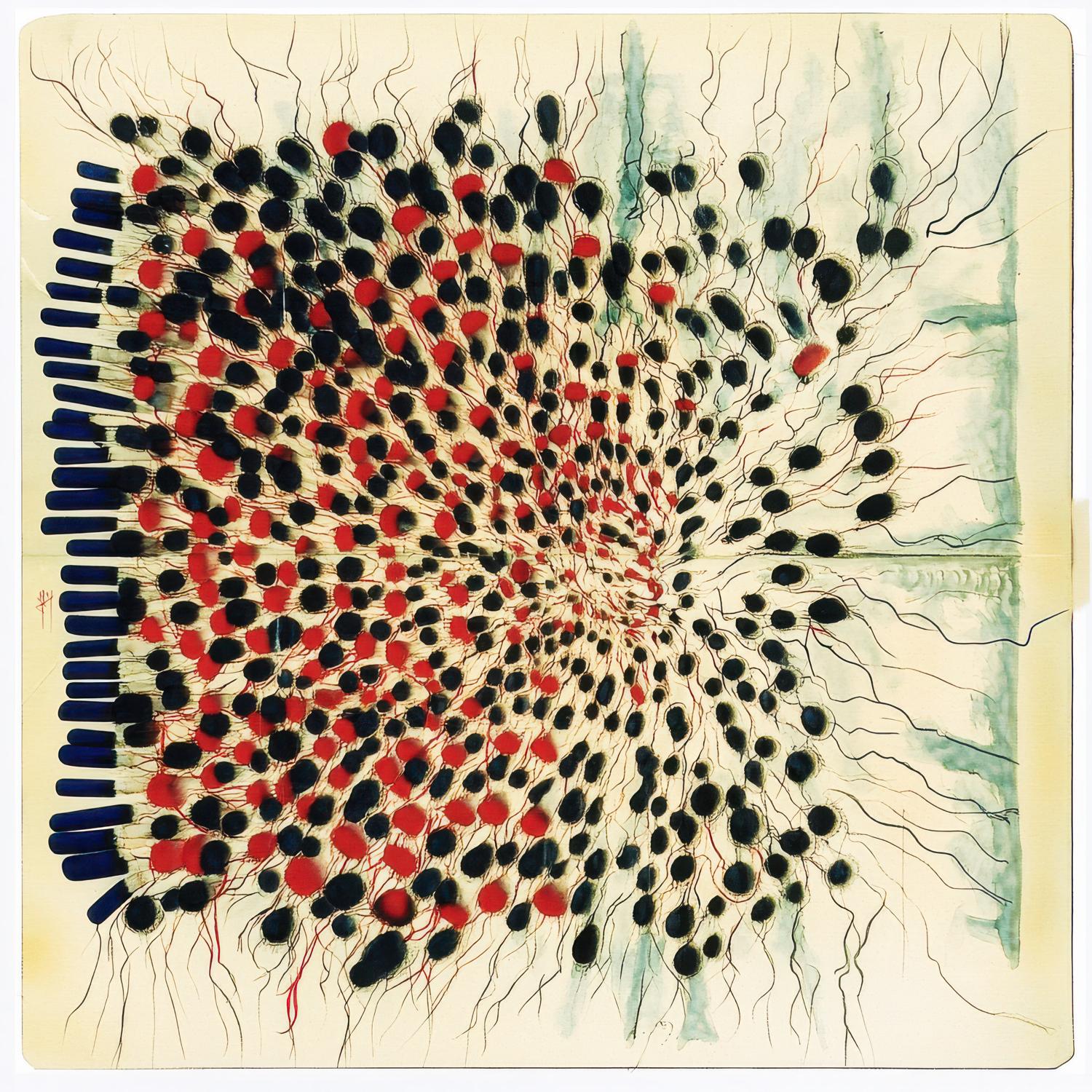 An off-center cluster of densely packed black and crimson circular marks radiates outward across a pale ground, connected by fine branching lines that thin and disperse toward the edges of the sheet.