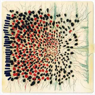 An off-center cluster of densely packed black and crimson circular marks radiates outward across a pale ground, connected by fine branching lines that thin and disperse toward the edges of the sheet.