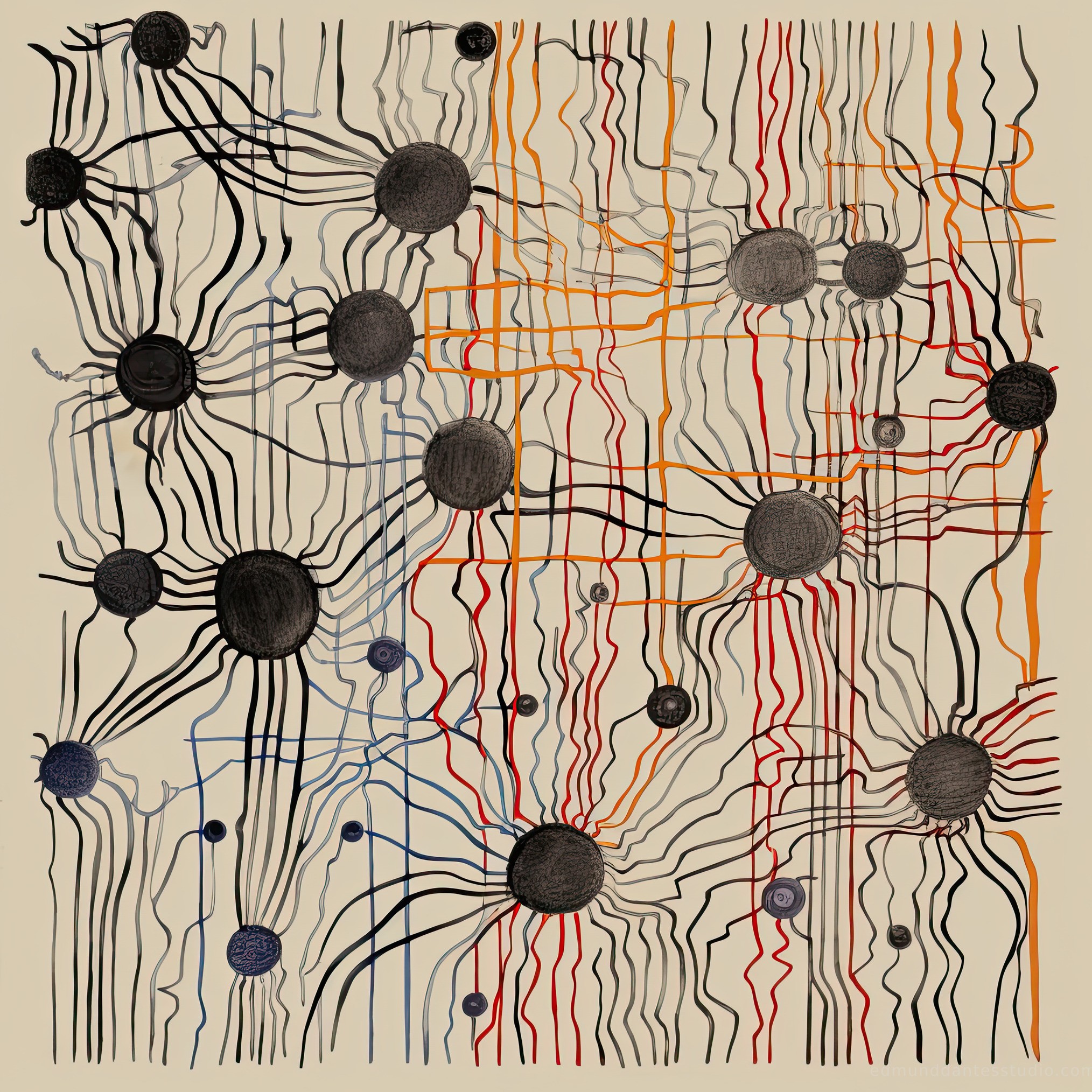 Neural Network #2 - abstract diagrammatic art - featuring ivory beige and lamp black - evoking analytical calm by Edmund Dantes Studio