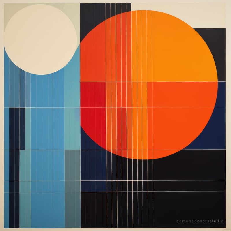 Solar Lunar #2 - geometric abstraction hard-edge art - featuring cadmium orange and vermilion red - evoking contemplative by Edmund Dantes Studio