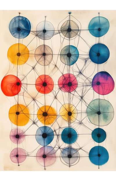 Synaptic Lanterns #1 - geometric abstraction systems art art - featuring cerulean blue and cadmium red - evoking contemplative tension by Edmund Dantes Studio